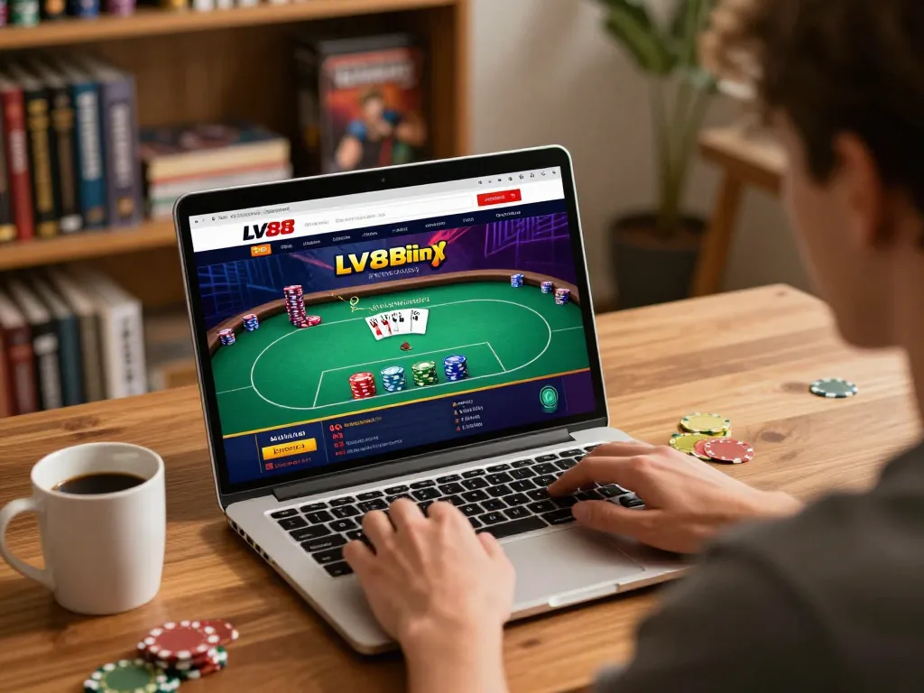 Engaged player using LV88 online platform for poker gameplay while focused on strategy in a home setting.