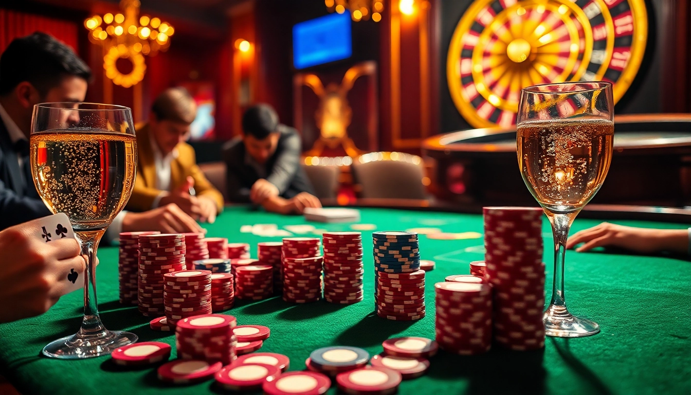 OPEN88 casino players strategizing at a vibrant poker table, surrounded by chips and glamour.