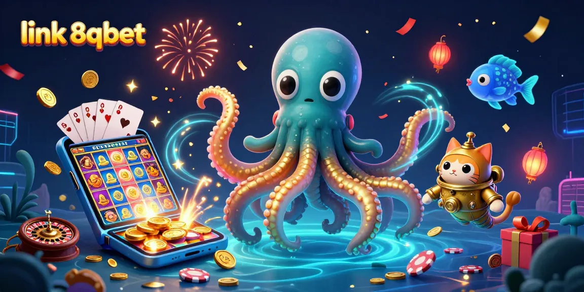 Play and win big with link 8qbet in this vibrant 3D illustration of a kraken, diving cat, and casino games.