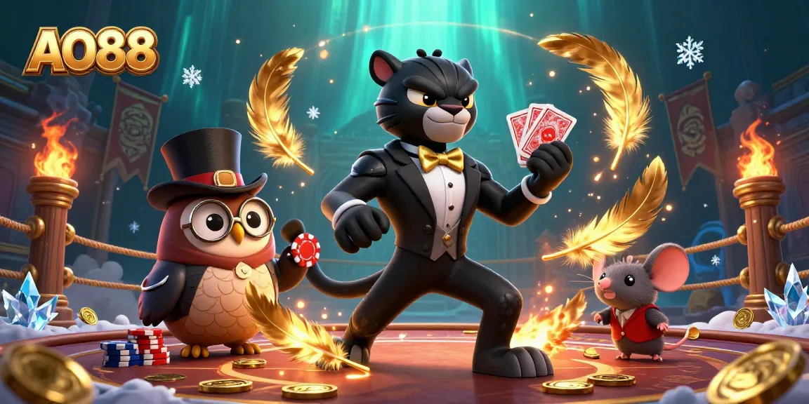 Engage with AO88's interactive casino experience featuring a stylish panther dealer and vibrant gaming elements.