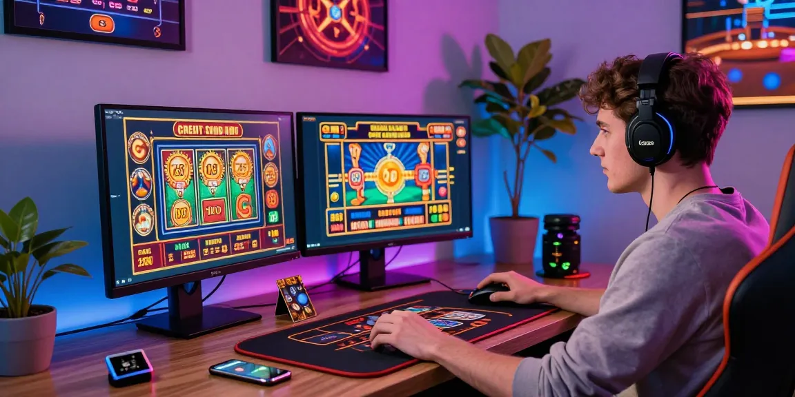 Exciting credit card casino scene with a player engaged in online gaming, showcasing vibrant graphics and modern gaming setup.
