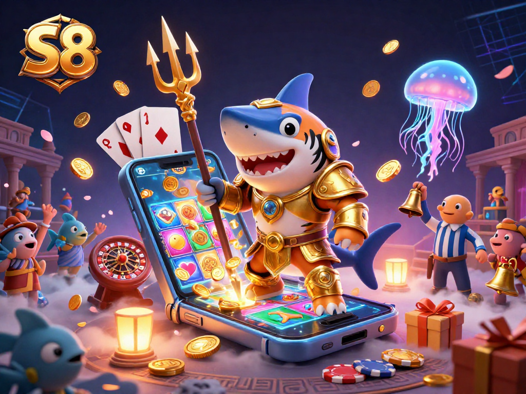 S8 immersive casino experience with a tiger shark in gladiator armor and colorful slot game elements