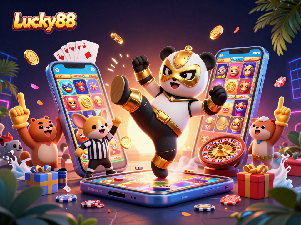 Lucky88 casino scene with a panda wrestler, chihuahua referee, and action-packed gaming elements.