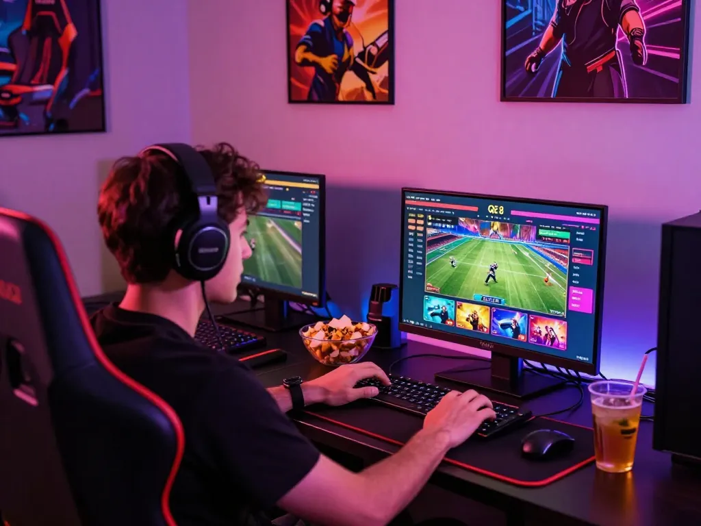 Exciting QE 8 online gaming scene with player engaged in sports betting and casino games in a vibrant room atmosphere.