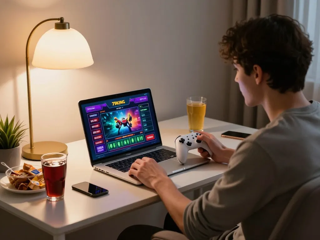 Engage with 79KING's online casino interface while enjoying a cozy gaming night at home.