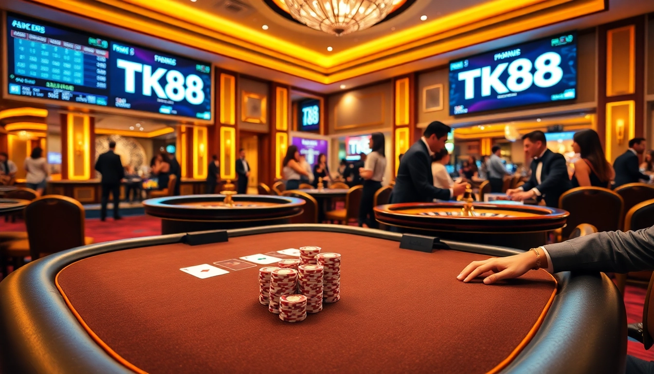 Players enjoying a vibrant casino atmosphere at TK88, featuring a poker table and roulette wheel.