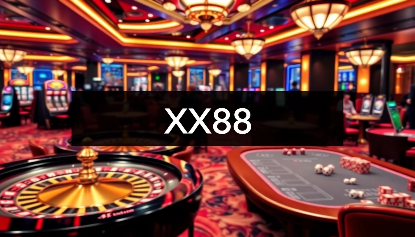 Exciting online gaming experience at XX88 featuring vibrant casino tables and gambling action.