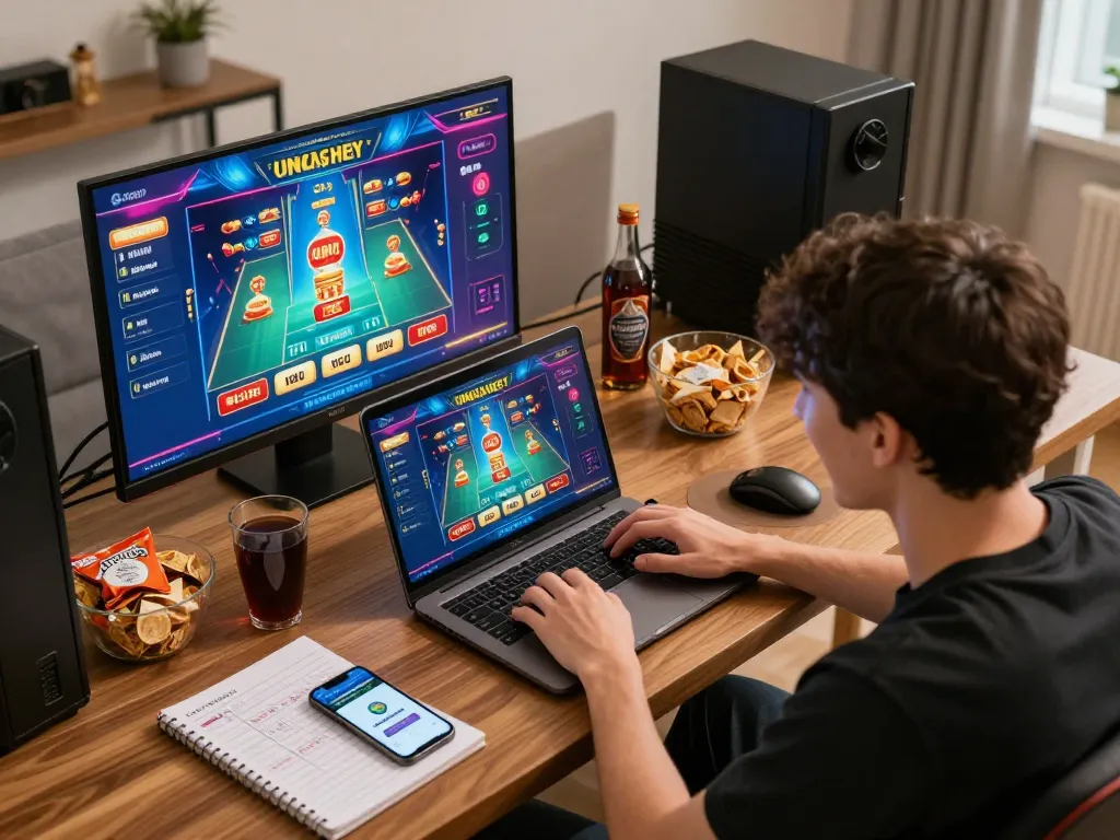Engaging online gaming experience using Link vào Hi88 on a laptop, showcasing a cozy setup with snacks.