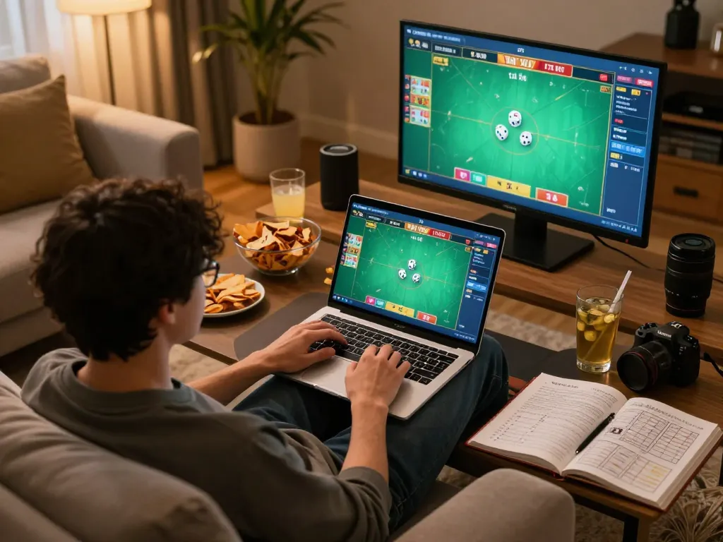 Engaging in Tài Xỉu online gaming strategy at home with a laptop and notes.