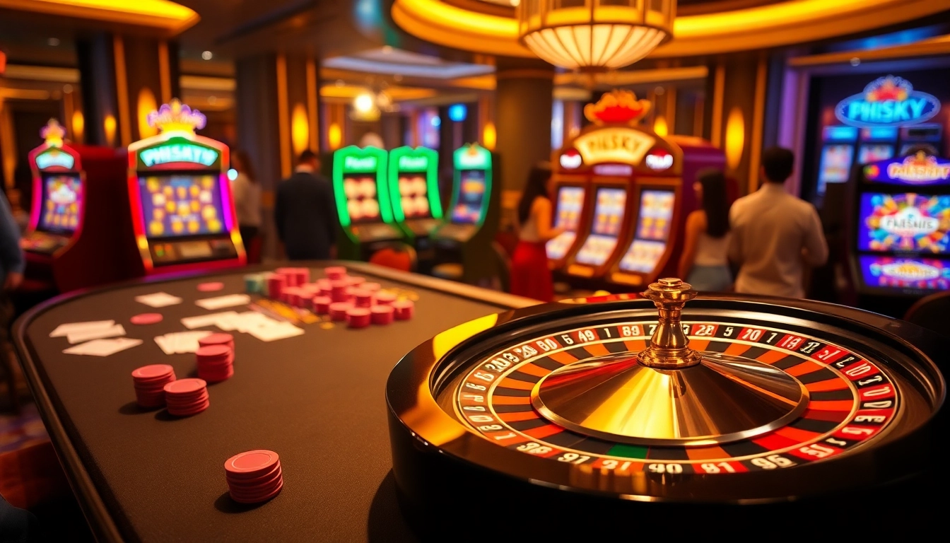 PHSKY engaging players at a vibrant casino table with roulette and slot machines.