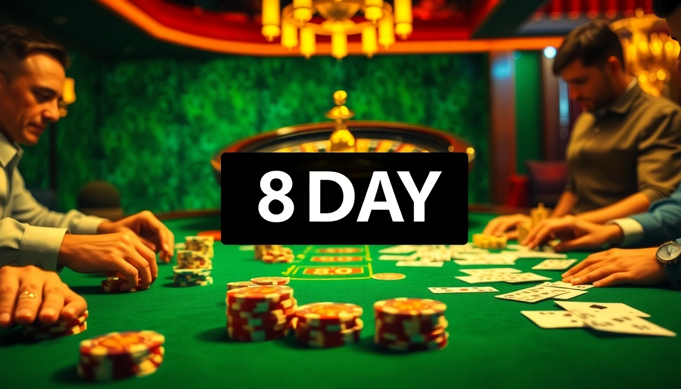 Experience the thrill of 8DAY casino gaming with vibrant poker chips and roulette action.