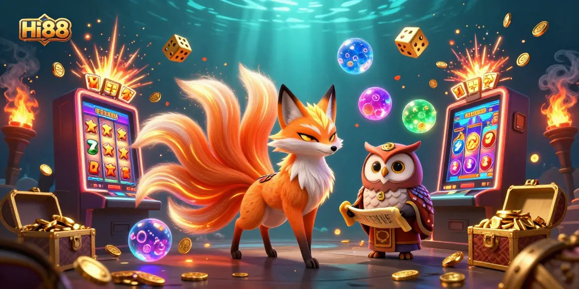 Engage with Hi88's vibrant gaming world featuring mystical characters, slot machines, and exciting casino elements.
