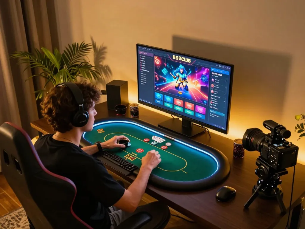 B52club online poker gameplay with user engaged in a cozy home setup.