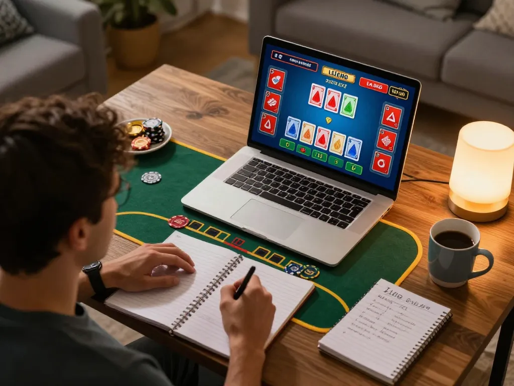 Engaged player enjoying an LV88 online blackjack game while taking notes for better strategy.