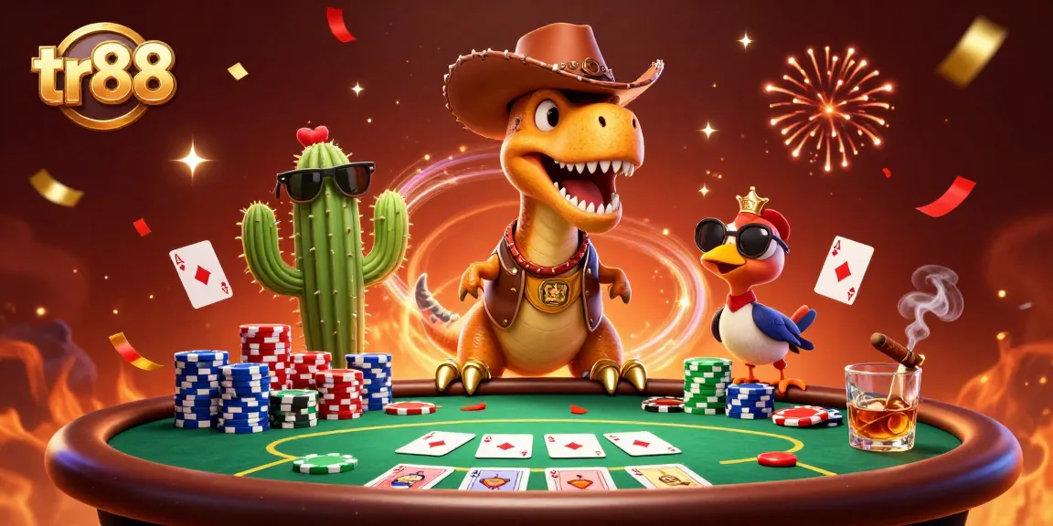 Experience thrilling poker action at tr88 with cartoon characters and colorful chips in a vibrant casino scene.