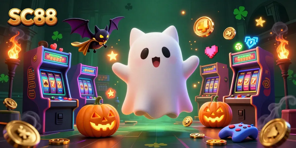 Experience thrilling moments at SC88 with a friendly ghost cat and vampire bat in a haunted casino, featuring jackpots and vibrant gaming elements.