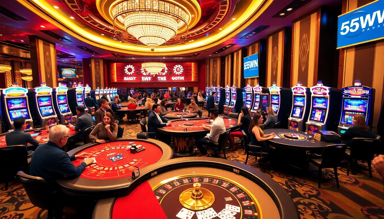 Players enjoying classic casino games and slots at 555WIN, showcasing excitement and luxury.