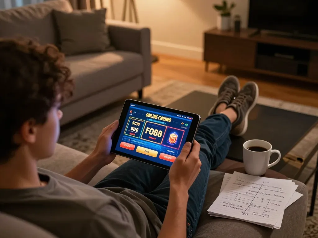 Player strategizing on fo88 online casino with tablet in cozy home setting