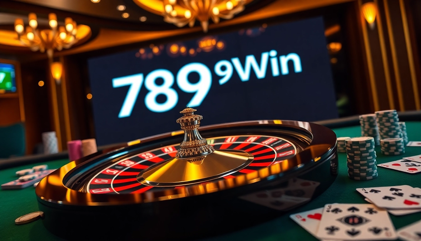 Experience the elegance of 789Win with vibrant casino elements like roulette and poker chips.