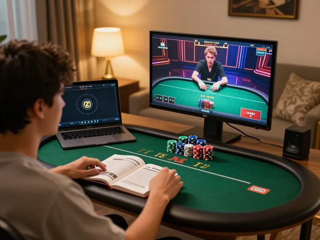 Player engaging in poker on nk88 site, focused on strategy and excitement at home.