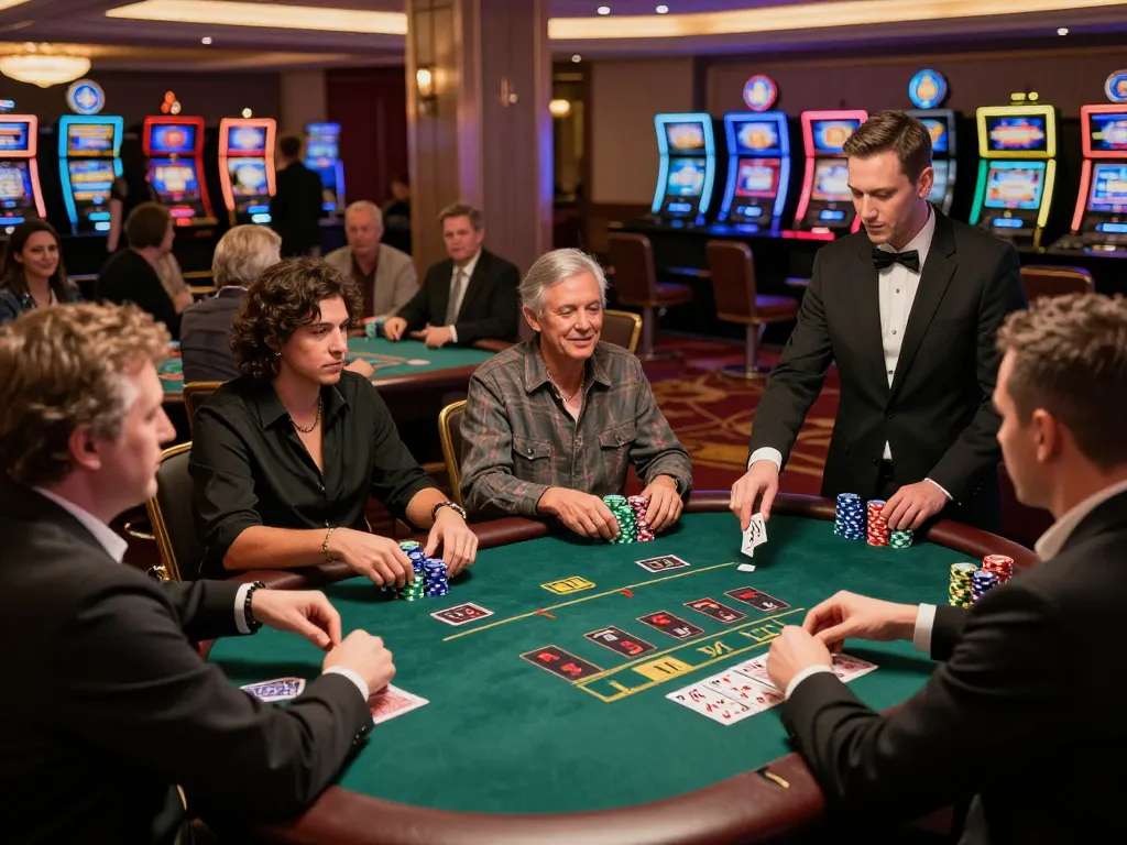Engaged players at tablepremierr blackjack tables celebrating winning hands in a vibrant casino