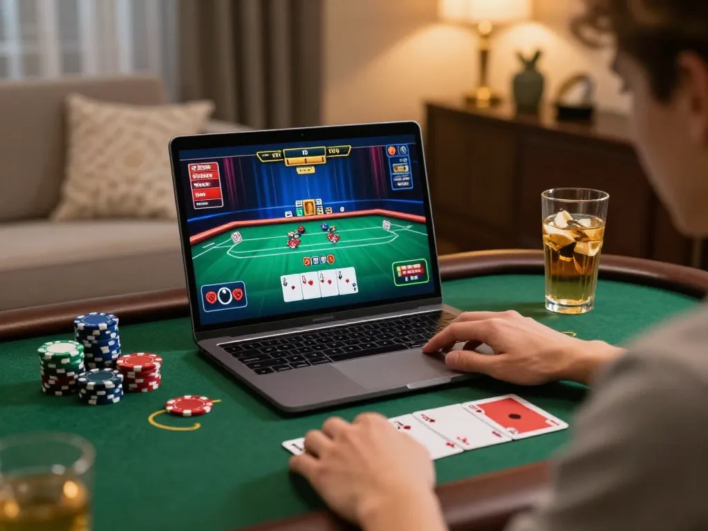 Tic88 uy tín player engaging in strategic online poker gaming at home, showcasing vibrant casino interface and cozy setup.