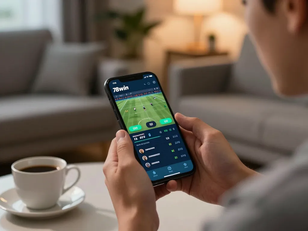 Engaging with the 78win mobile app for real-time sports betting analysis in a cozy setting.