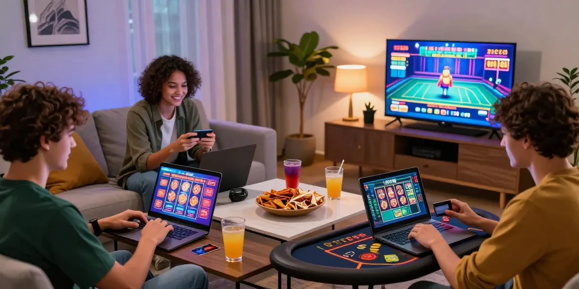 Young adults enjoying online credit card casinos with laptops and snacks in a cozy living room.