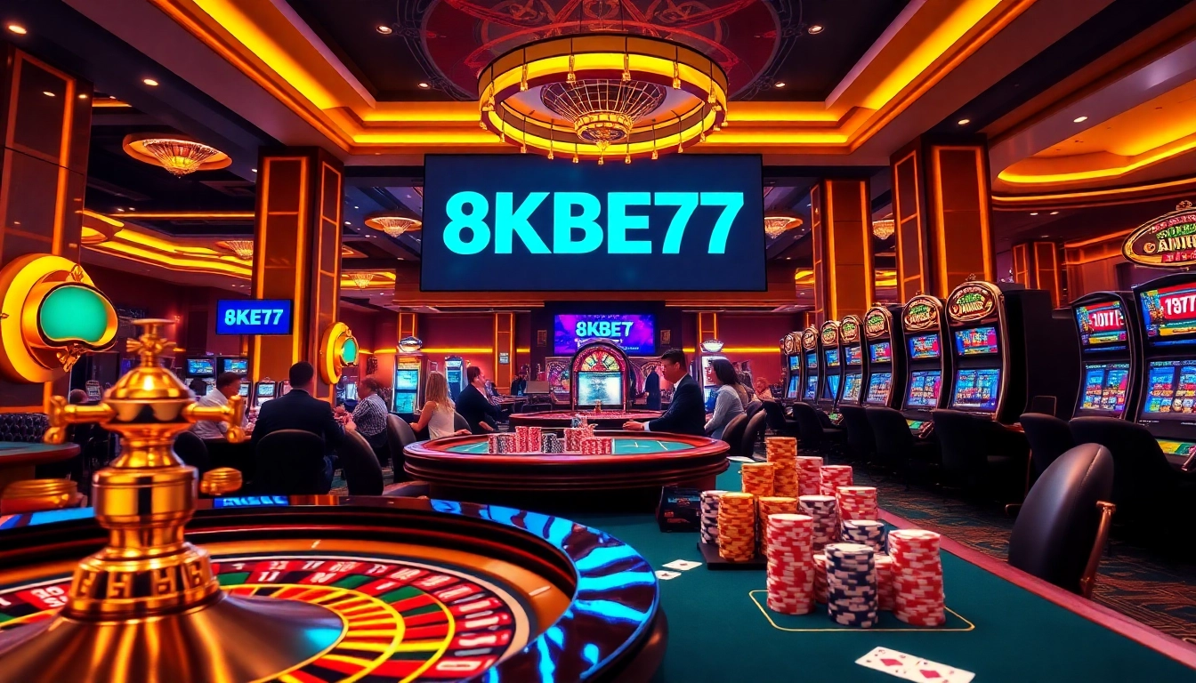 Experience the excitement of 8KBET 7777 in this vibrant casino scene with engaging gambling elements.
