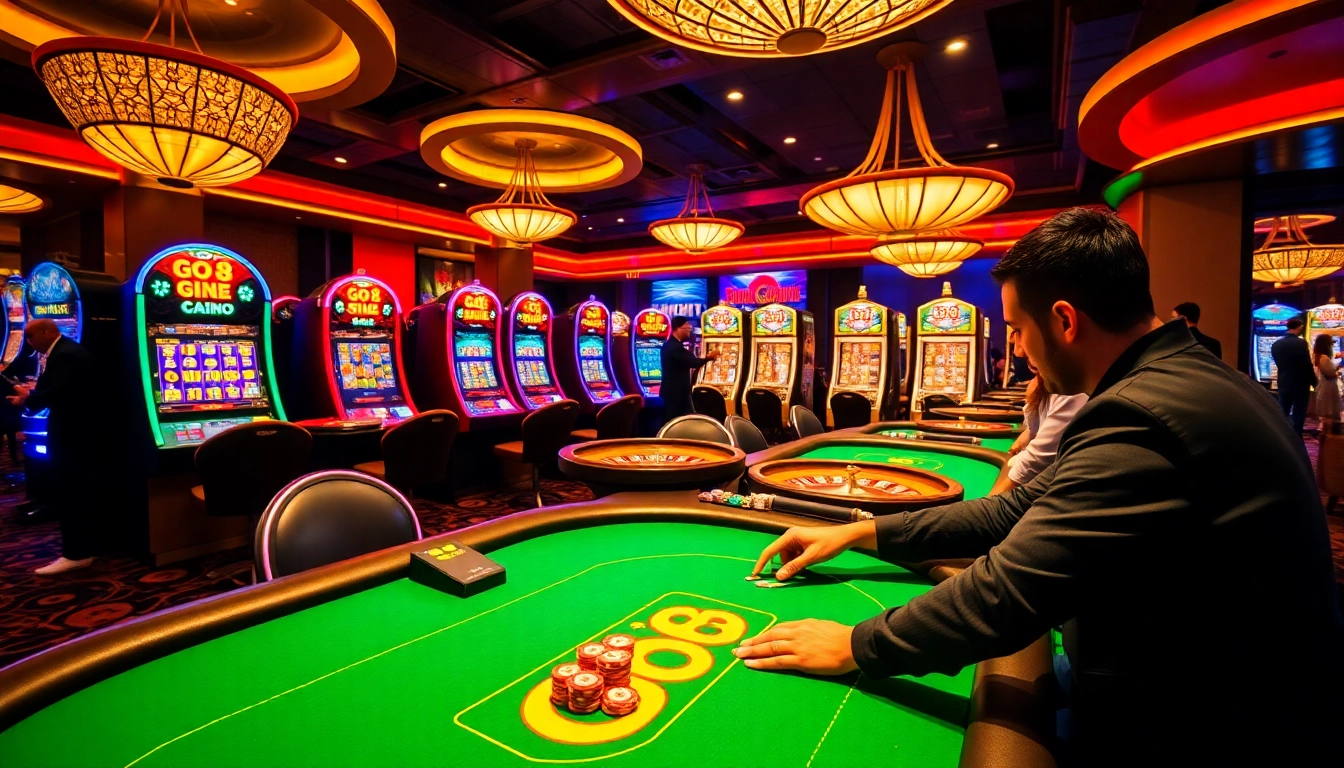 Go8 casino gaming scene with exciting poker action and luxury slot machines.