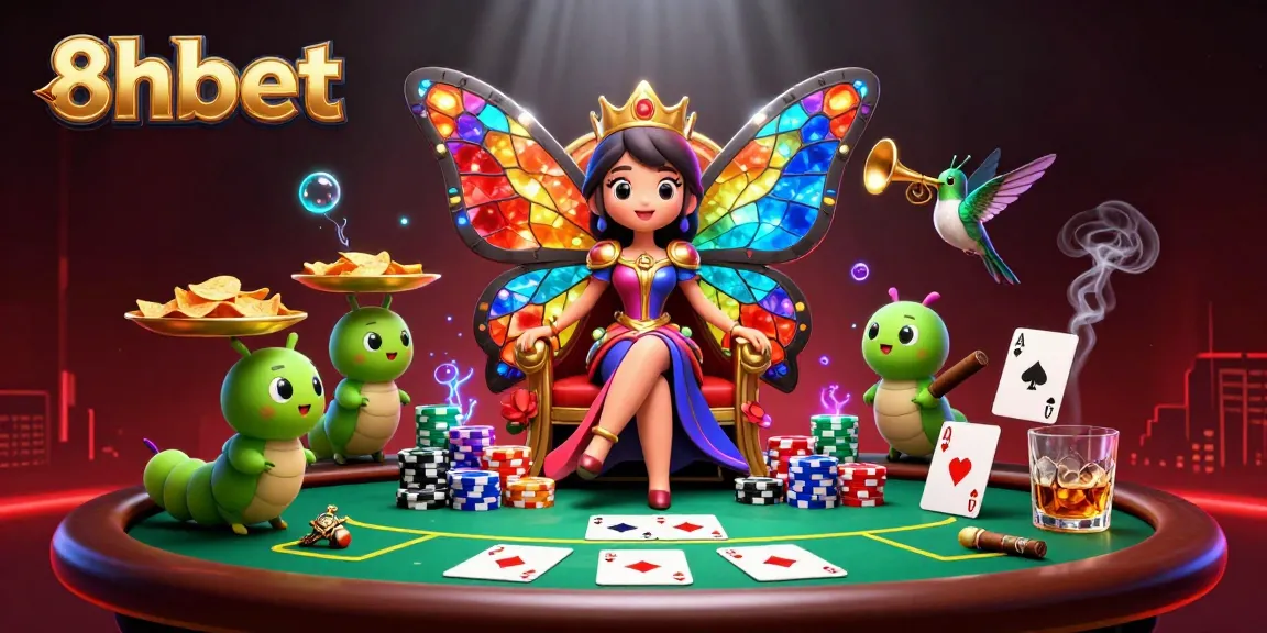 Engage with thrilling gameplay at 8xbet, featuring a colorful poker scene with dynamic casino elements.