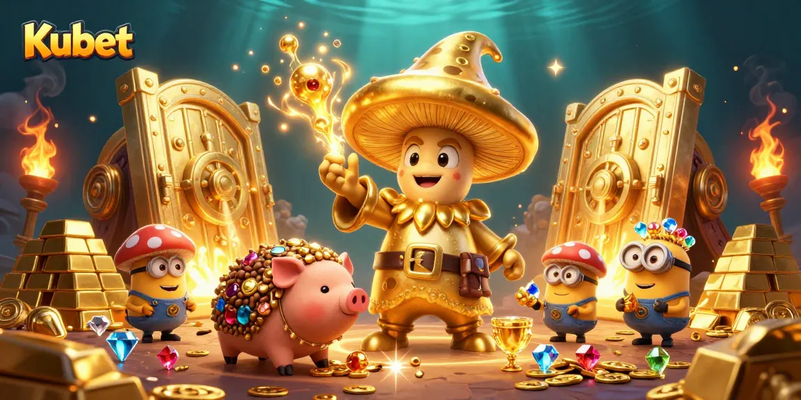 Kubet casino's magical world filled with treasures and golden elements, featuring a wizard and a treasure-seeking pig.