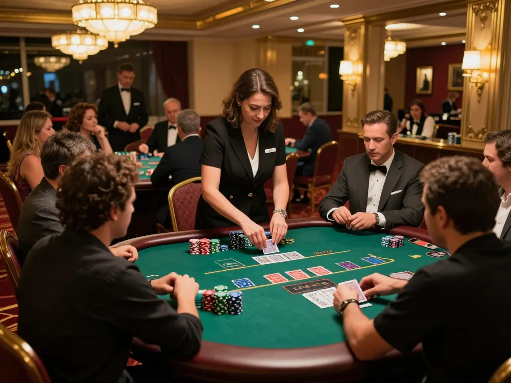 Players engaging in strategic blackjack gameplay at a stylish casino table featuring KUWIN branding, showcasing vibrant atmosphere and exciting action.