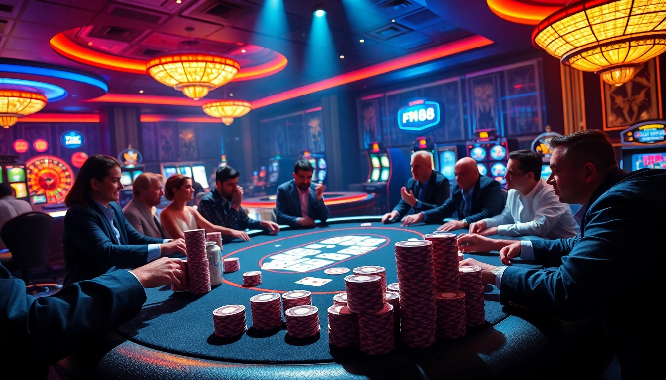 Join the excitement at f168 with players enjoying high-stakes poker at a luxurious casino table.