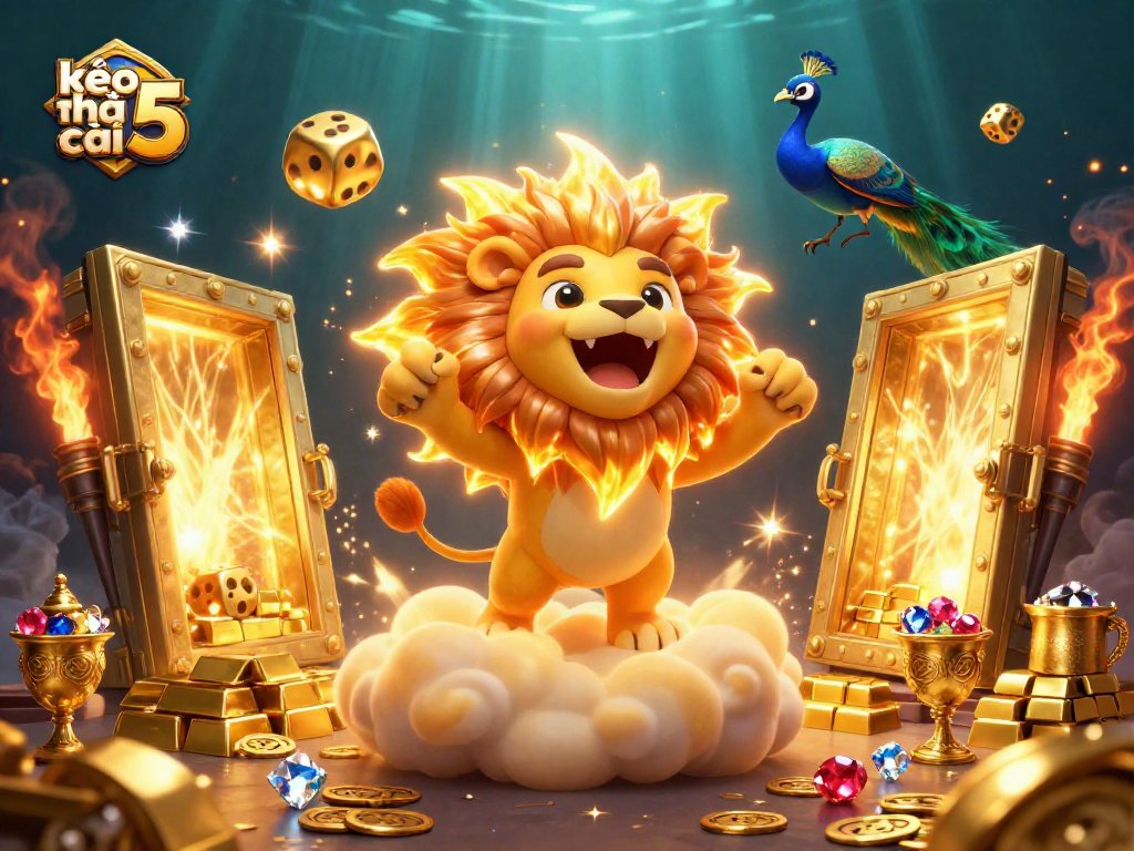 Engage in kèo nhà cái 5 with a vibrant scene featuring a triumphant sun lion and golden dice.