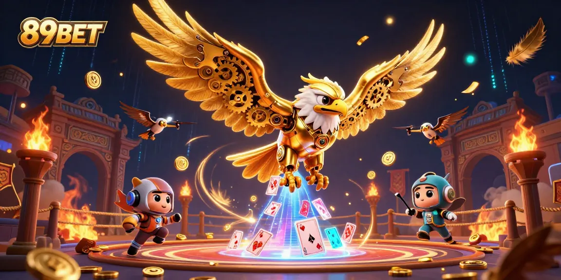 Experience the thrill of betting at 89BET with a dynamic 3D illustration of a golden eagle amidst gambling action.