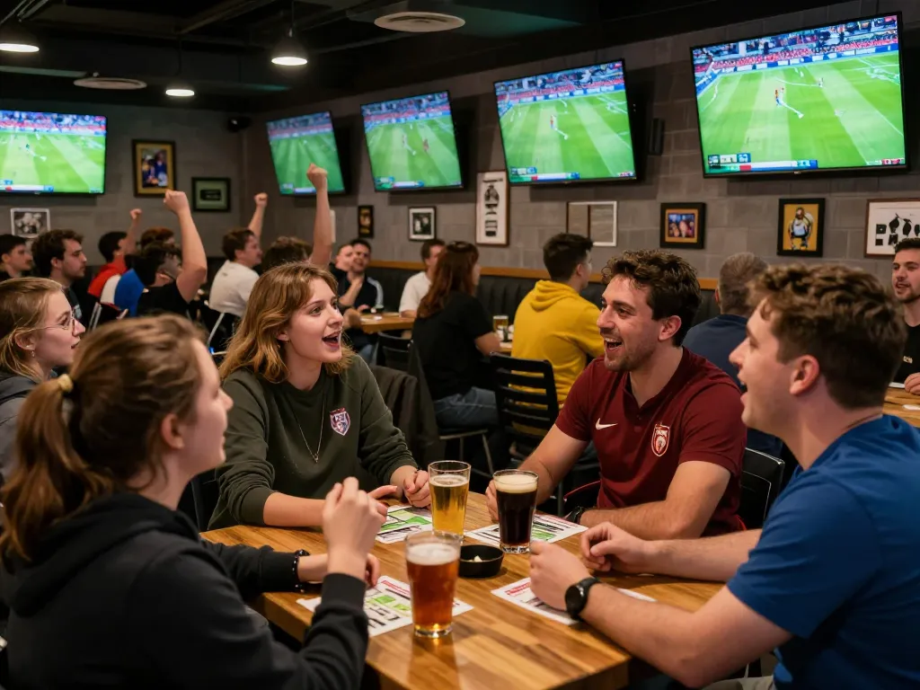 Football enthusiasts celebrate wins while watching matches and strategic betting at a lively sports bar