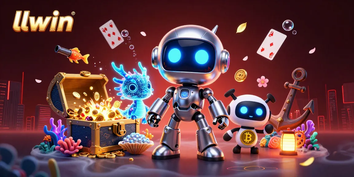 Join the excitement at llwin with a cyberpunk robot mascot and holographic dragon amidst casino treasures and vibrant game elements.