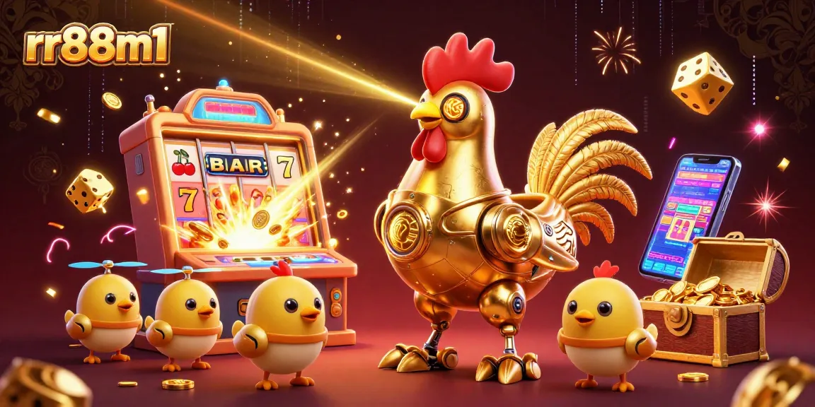 Engage with rr88m1's thrilling casino games amidst vibrant golden jackpot explosions and dynamic characters.