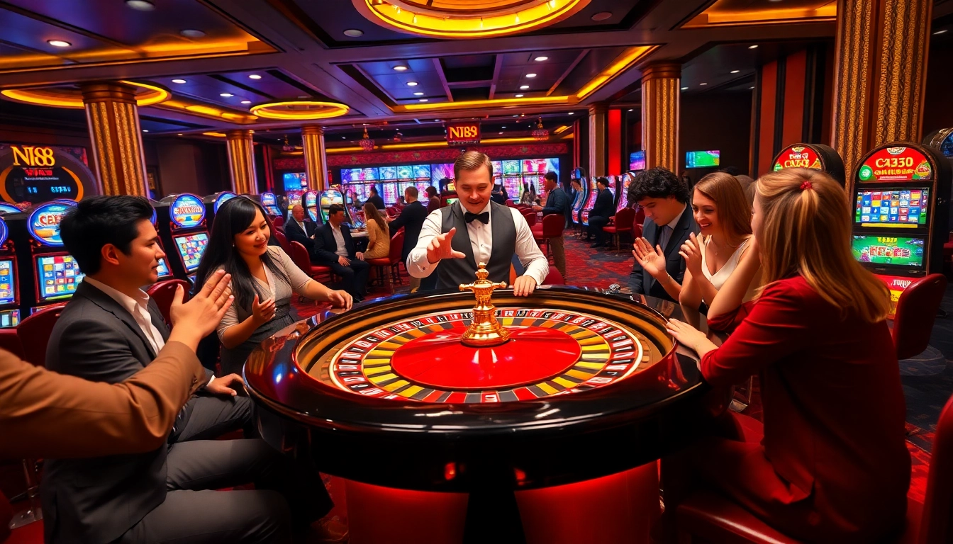 Players strategizing at a high-energy roulette table with vibrant elements from https://n188.bid/.