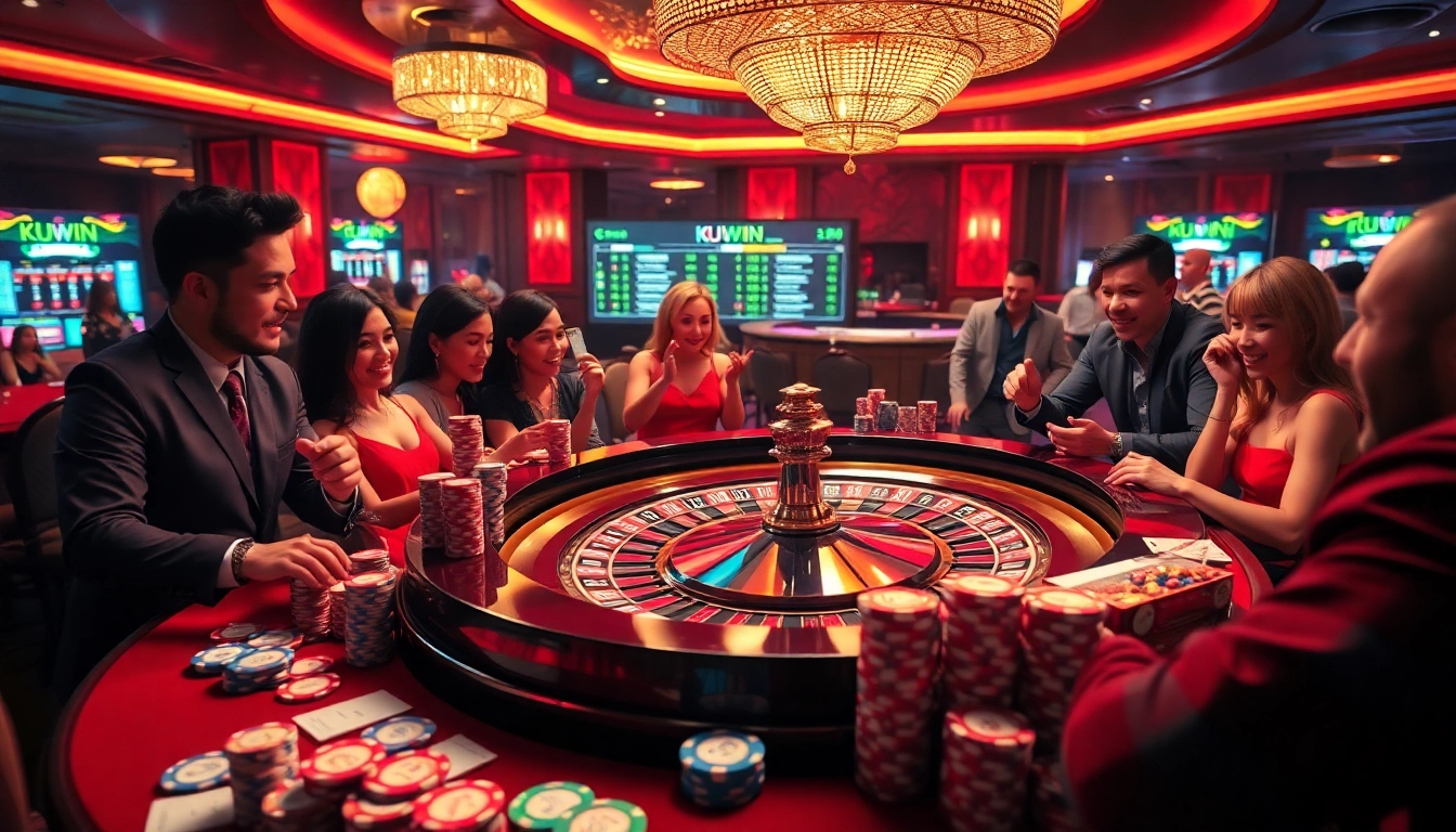 Experience the excitement of KUWIN at a bustling casino with vibrant roulette and poker games.