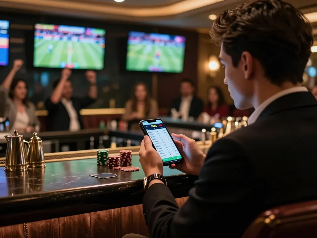 Engaging sports betting moment using the FB88 app in a stylish bar setting.