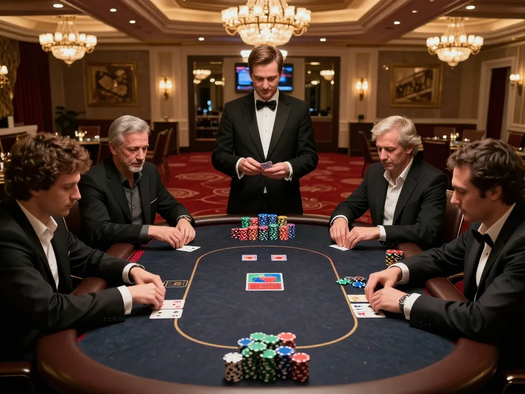 Players engaged at a high-stakes poker table in a luxurious casino, showcasing https://tx88.bid/ strategies for winning.