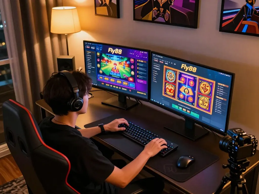 Engaging online gaming scene highlighting Fly88 casino app on dual monitors.