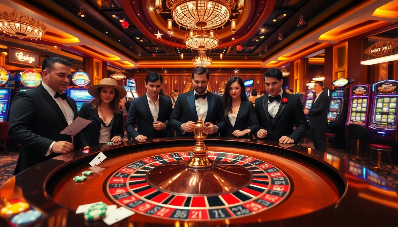 Engaged players enjoying games at dom88.us.com, surrounded by vibrant casino elements.