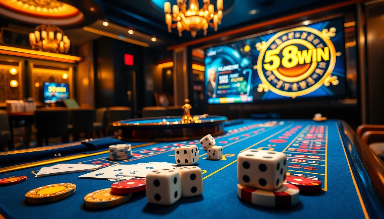 Engaging casino scene showcasing 58WIN gaming table with poker chips and roulette wheel.