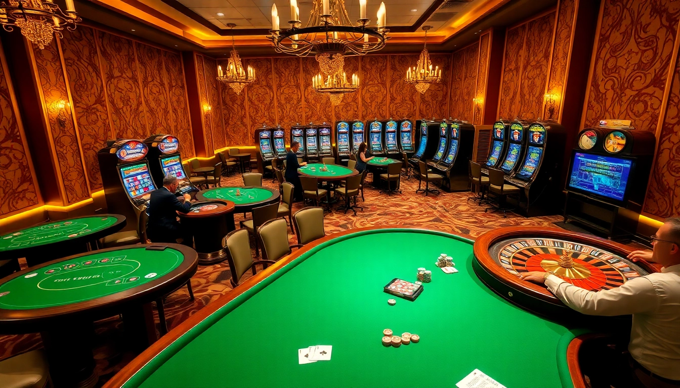 Engaging players at TT88, enjoying a vibrant casino experience with tables and slot machines.