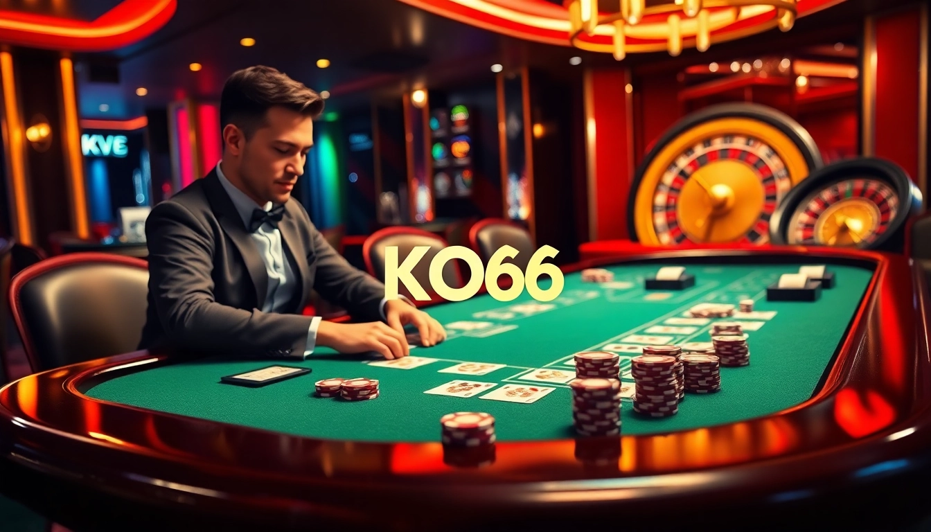 Hưng phấn tại casino KO66 với các người chơi poker xây dựng chiến lược tại một bàn sang trọng.