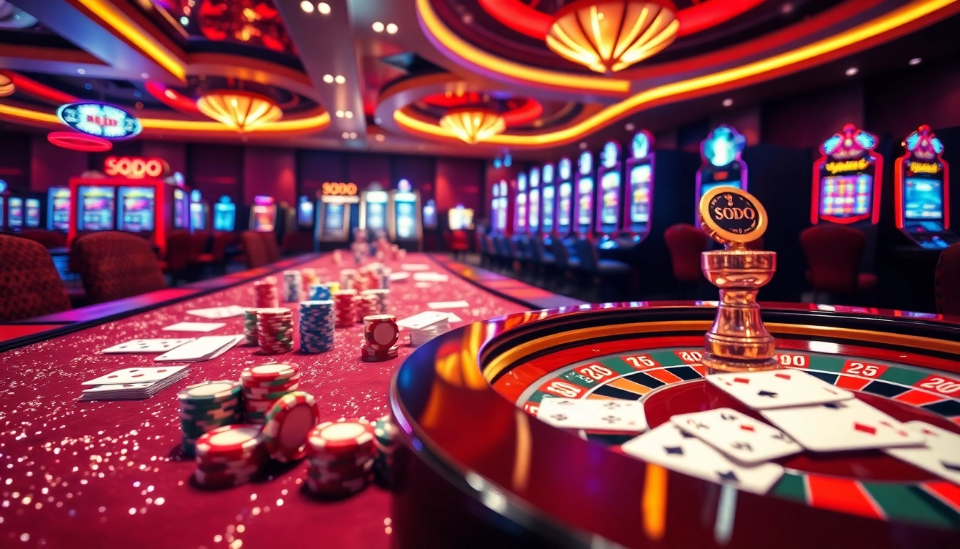 SODO Casino showcasing vibrant gambling atmosphere with luxurious tables and exciting poker action.