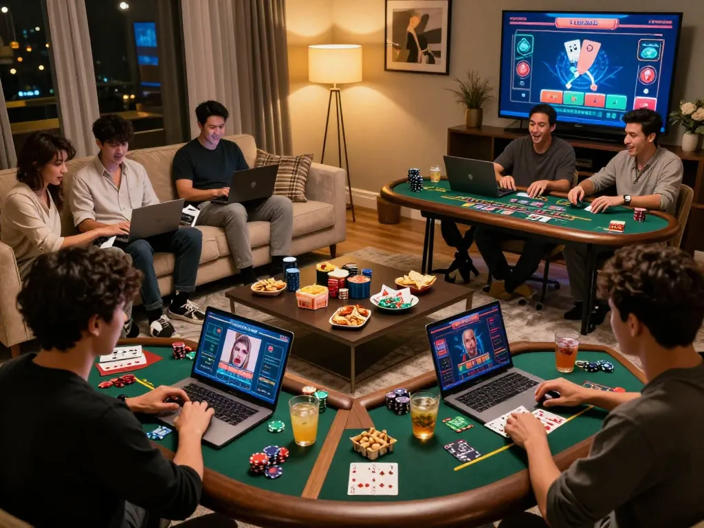 luck8 players enjoying a dynamic online blackjack game from home, laptops glowing with excitement